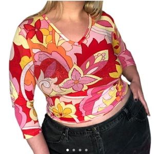 Mesh Colorful Sequin Floral Print Groovy Stretchy Top